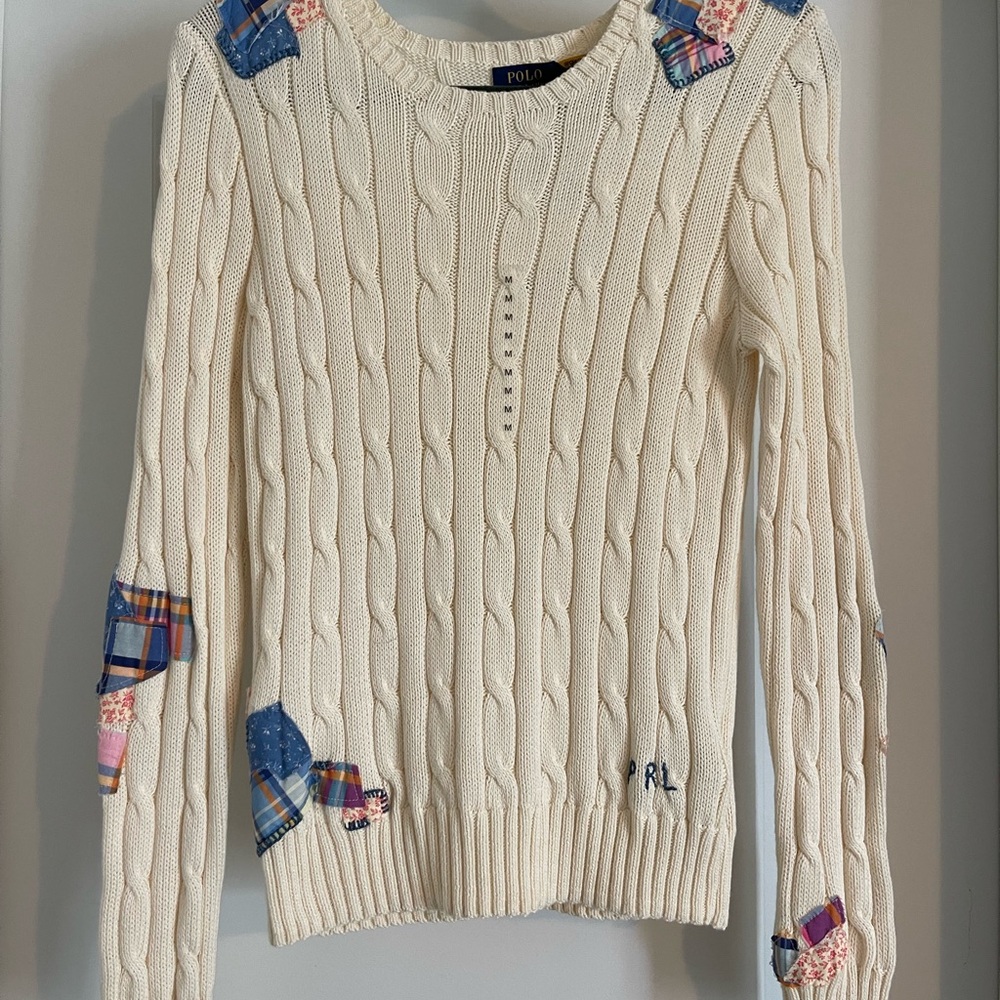 Polo Ralph Lauren WMNS Cream Madras Patchwork Cable Knit Pima Cotton Sweater M